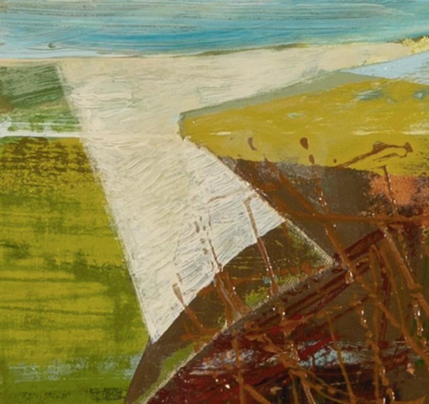 Nine Barrow Down - Pittura acrilica astratta con collage, verde, marrone e giallo in vendita 3