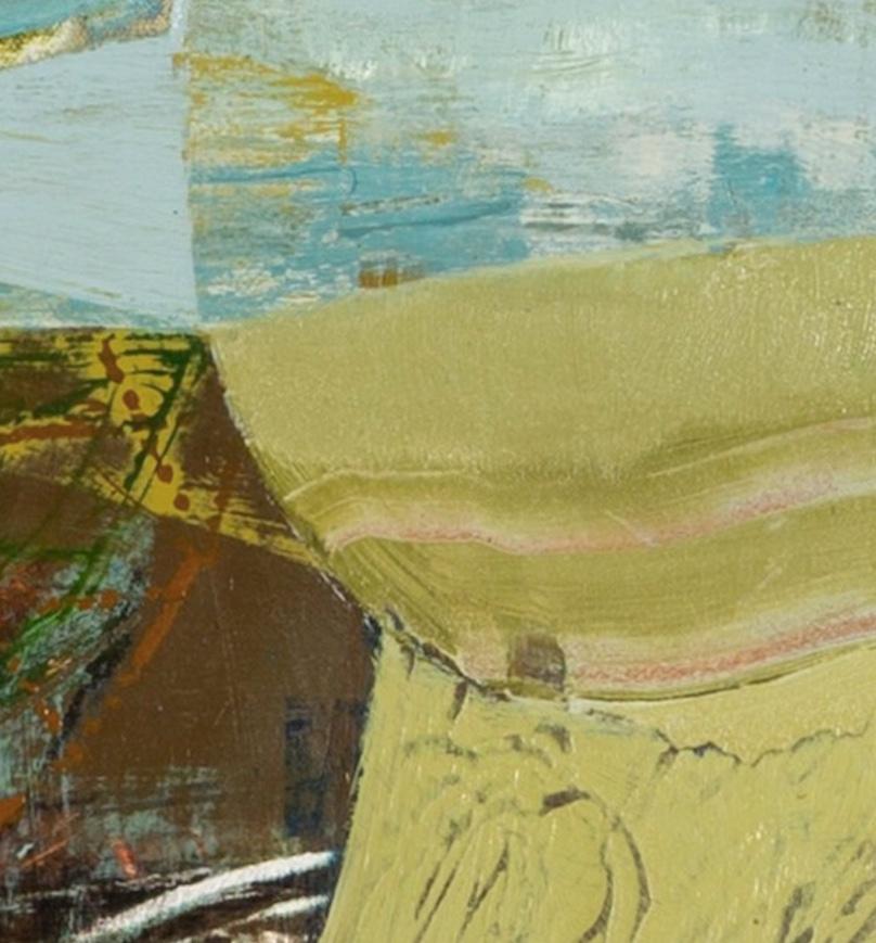 Nine Barrow Down - Pittura acrilica astratta con collage, verde, marrone e giallo in vendita 4