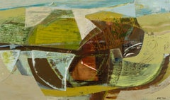 Nine Barrow Down - Pittura acrilica astratta con collage, verde, marrone e giallo
