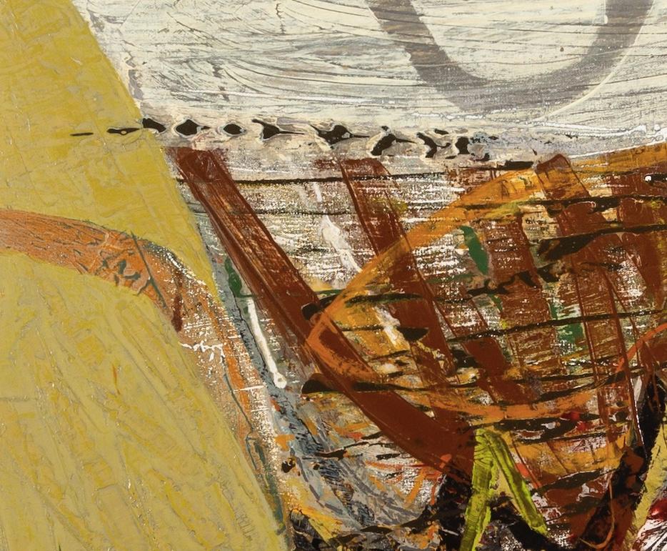 Samphire Autumn, 2013 - Pittura astratta acrilica su tavola, giallo e marrone - Painting Astratto di Peter Joyce
