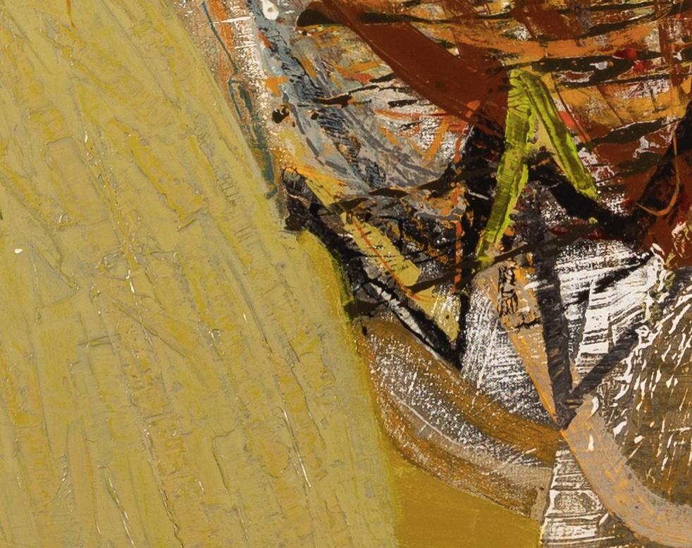 Samphire Autumn, 2013 - Pittura astratta acrilica su tavola, giallo e marrone - Abstract Painting Marrone di Peter Joyce