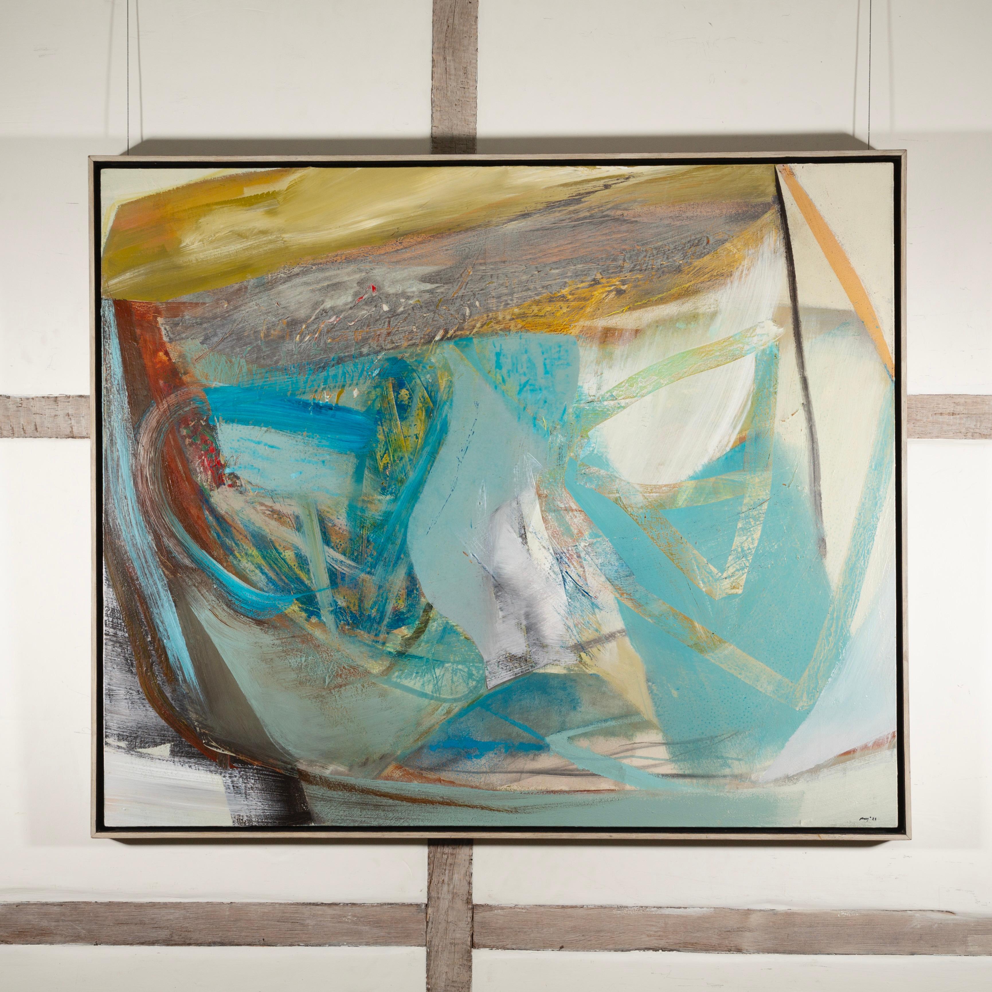 Seaspray, 2021 - Large Acrylic on Canvas Abstract Painting with Blue and Yellow For Sale 1