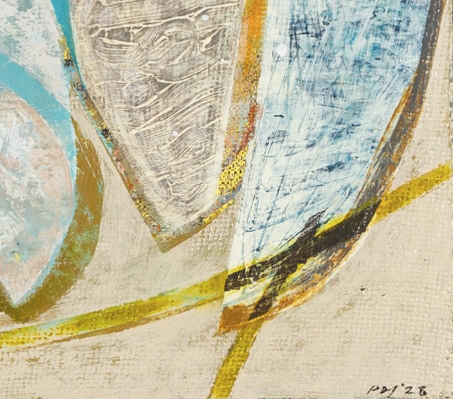 Shipstal Shore, Arne - Pittura acrilica astratta orizzontale blu con collage - Landscape Painting Grigio di Peter Joyce