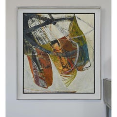 Suspended - large abstract painting with orange and white, contemporary art