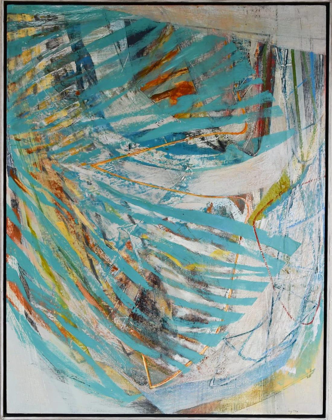 Swash - large upright/portrait abstract painting with blue, acrylic on board - Painting by Peter Joyce