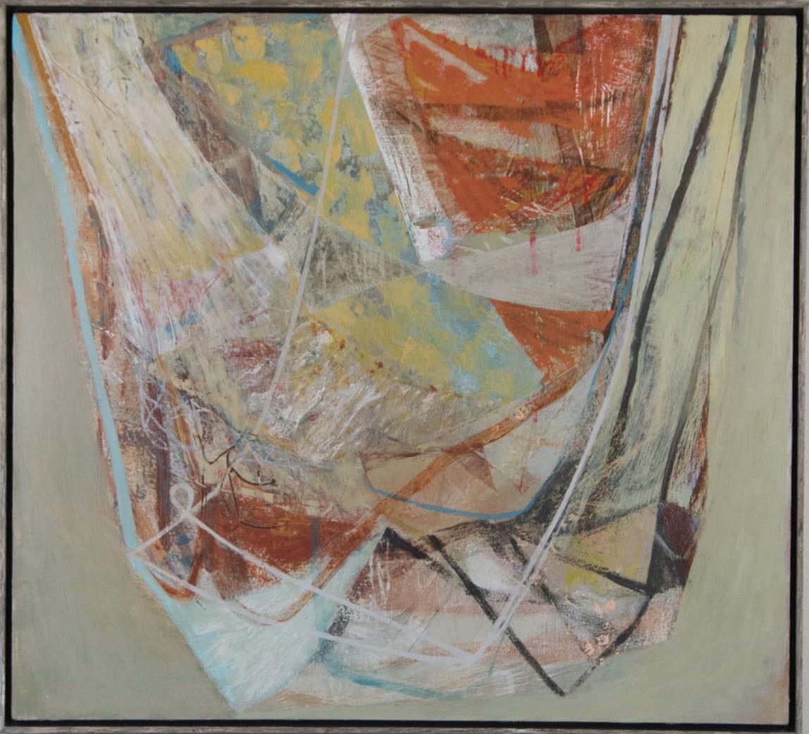 Swing - large abstract painting, acrylic, orange, white, blue  - Painting by Peter Joyce