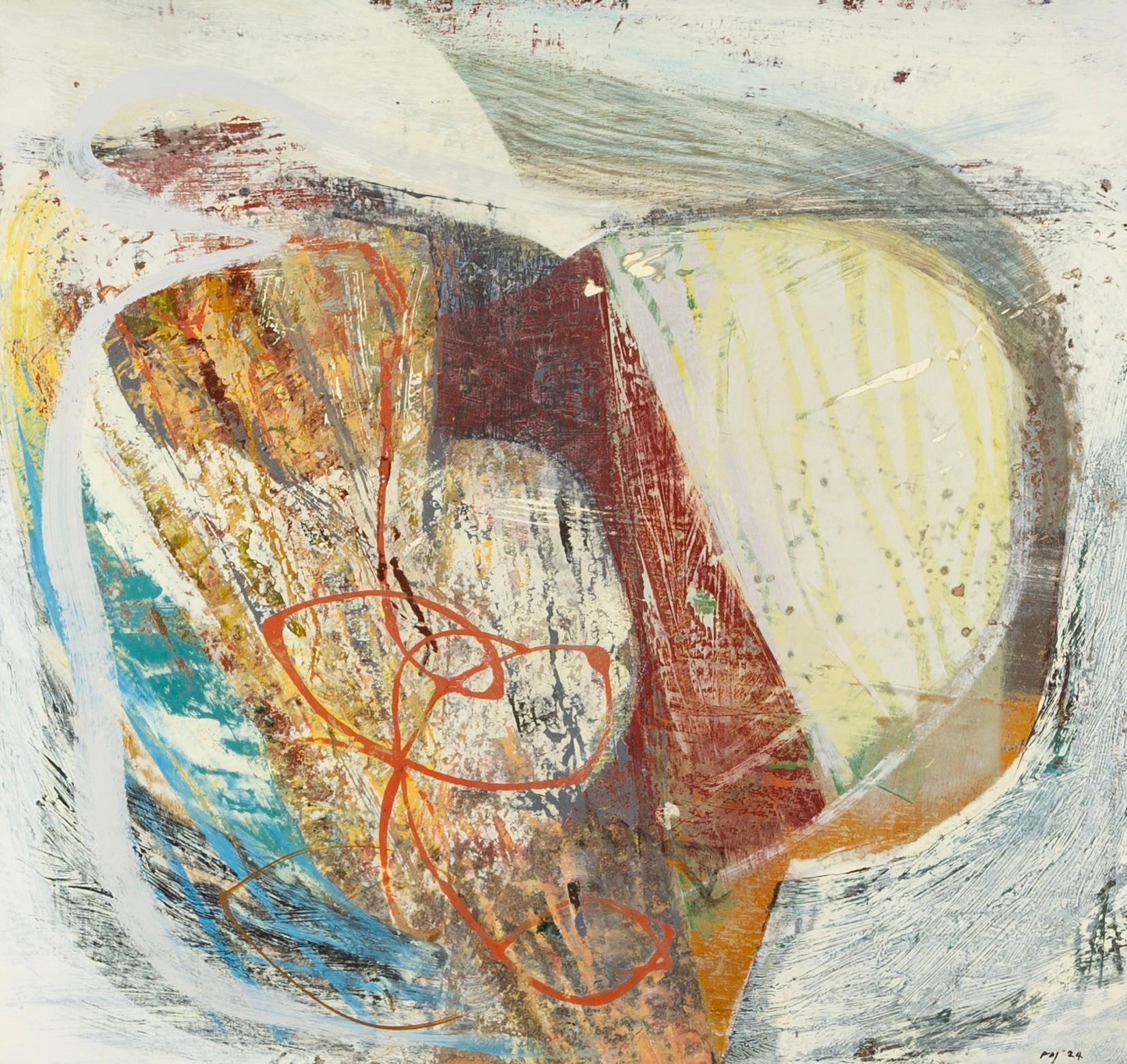 Abstract Painting di Peter Joyce - Lo spago del contadino, 2024 - Pittura astratta acrilica su tavola, arancione e bianco
