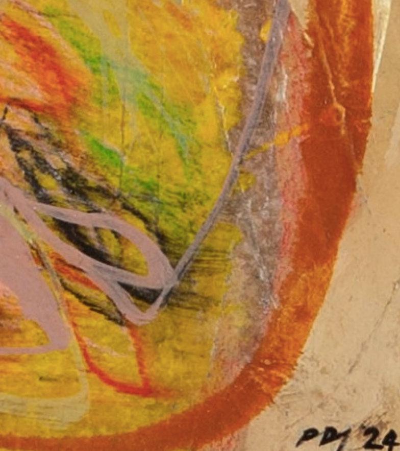 Windfall, 2024 - Pittura astratta acrilica su tavola con arancione e giallo - Abstract Painting Marrone di Peter Joyce