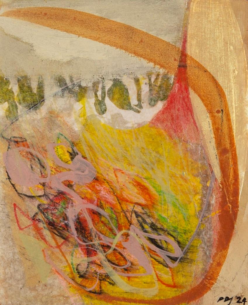Abstract Painting di Peter Joyce - Windfall, 2024 - Pittura astratta acrilica su tavola con arancione e giallo