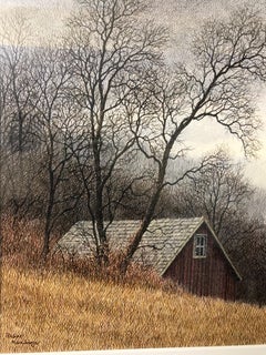 Peter Keating Dreamy Original Watercolor of Mountainside Barn