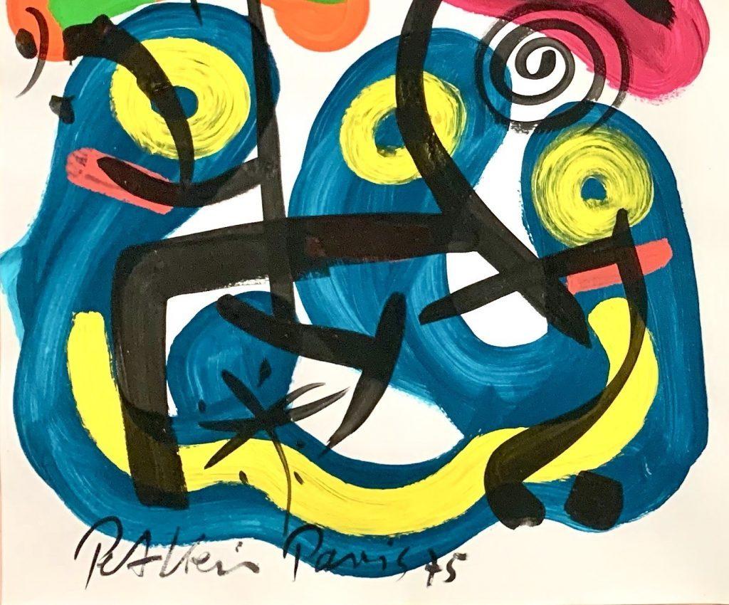 Abstract Expressionist composition framed oil on paper painting in a style reminiscent of Miro, created in 1975 by Peter Robert Keil in his studio in Paris. Dated and signed by the artist on the paper and on the framing paper as well as titled,
