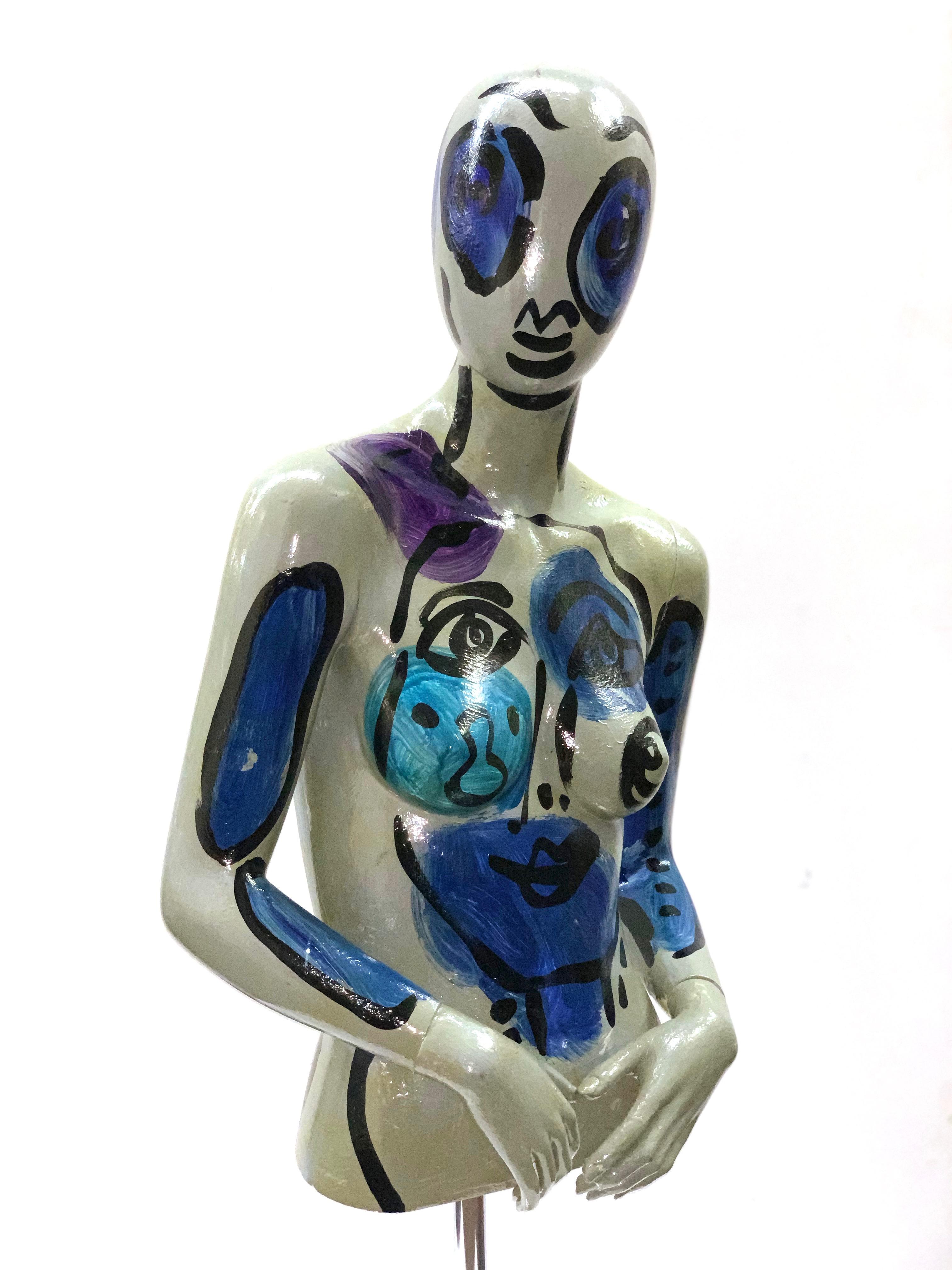 Abstract expressionist painted upper body of a mannequin by Peter Keil, painted in shades of blue with abstract faces. The piece is signed on the left side bottom, was likely made in the 1980s and is in great vintage condition with some