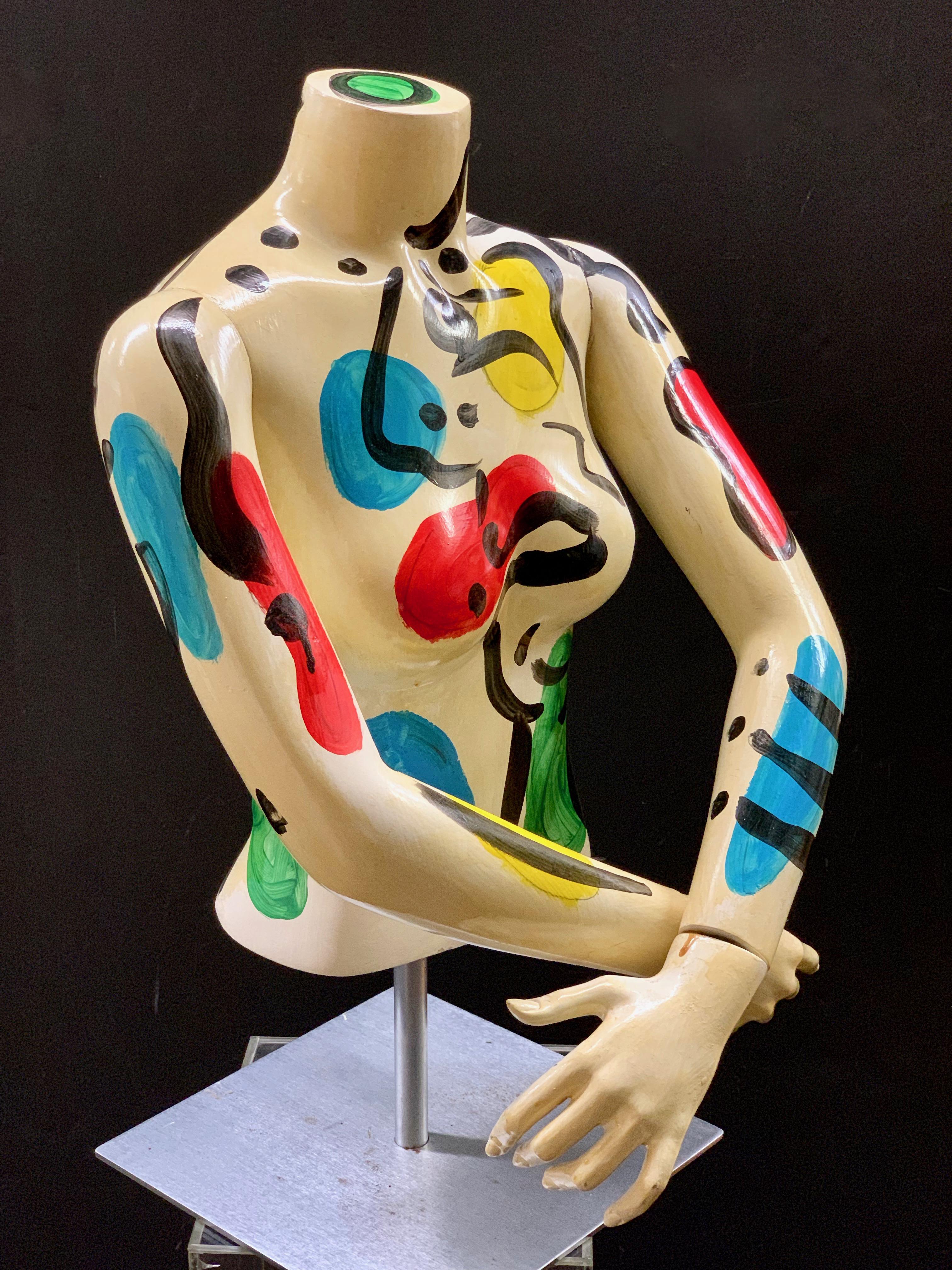 Abstract expressionist painted mannequin torso by Peter Keil, painted in vivid colors with abstract faces. The piece is signed on the left side hip, was likely made in the 1980s and is in great vintage condition with some age-appropriate
