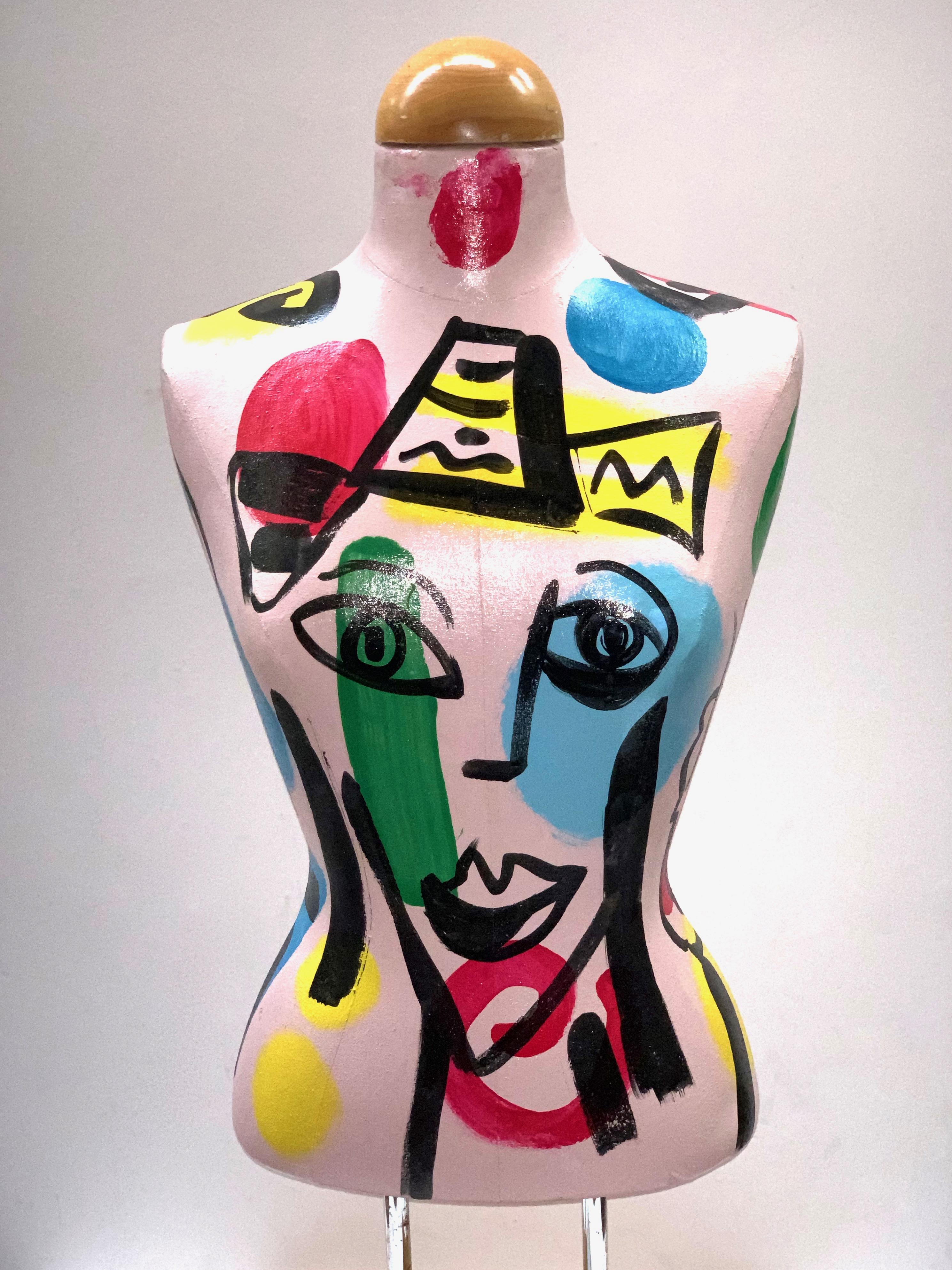 Abstract expressionist painted mannequin torso by artist Peter Keil, painted in vivid colors with an abstract face on the chest. The piece is signed on the back left side, was likely made in the 1980s and is in great vintage condition with some