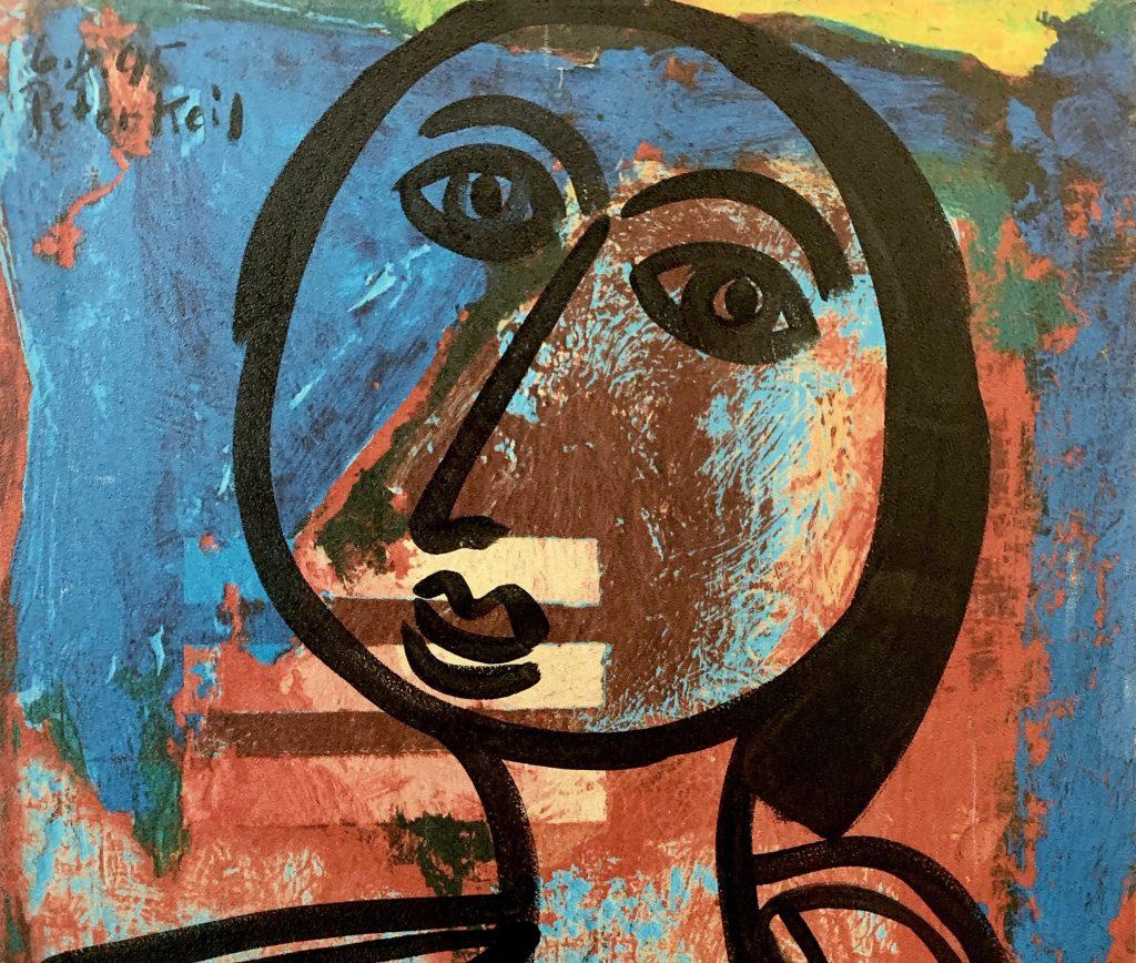 Abstract expressionist portrait oil on canvas painting titled “Blue Moon over NYC”, created in 1995 by Peter Robert Keil in his studio in New York City. Dated and signed by the artist in the upper left corner as well as titled, dated and signed on