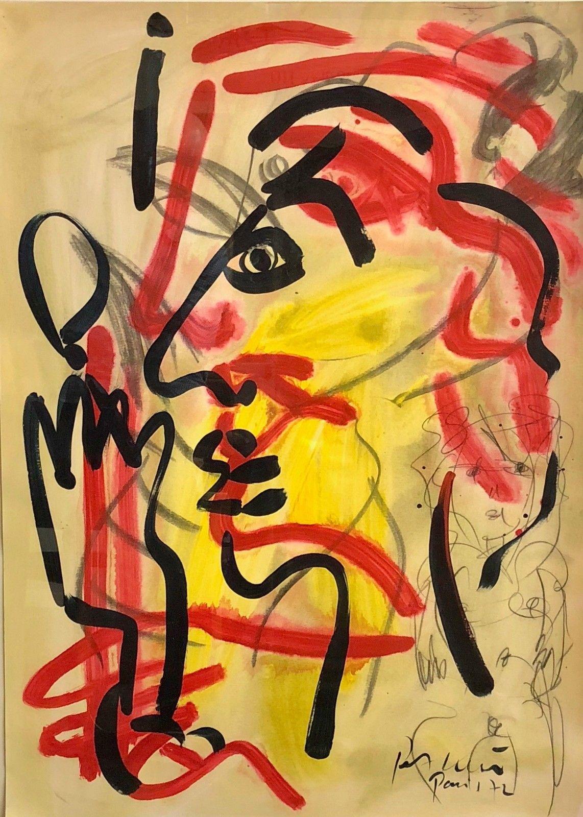 Abstraktes expressionistisches gerahmtes Öl auf Papier Porträtgemälde mit dem Titel 