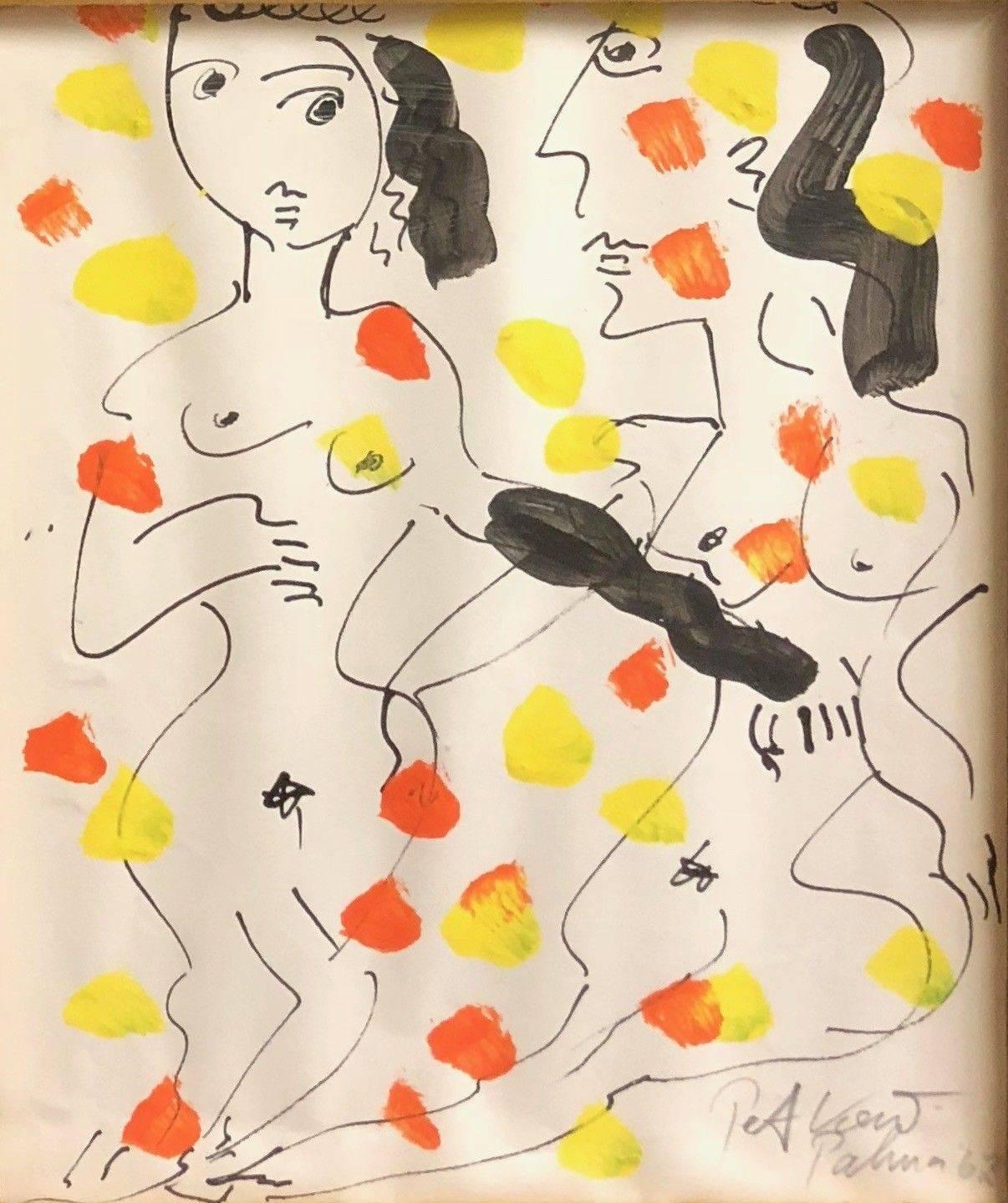 Expressionist framed oil and pencil on paper painting titled 'Two Nudes', painted in 1962 by Peter Robert Keil in Palma. Signed and dated on the front and on the back. The piece is in great vintage condition and has a 