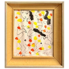 Peter Keil Expressionist Oil and Pencil on Paper Painting of Two Nudes