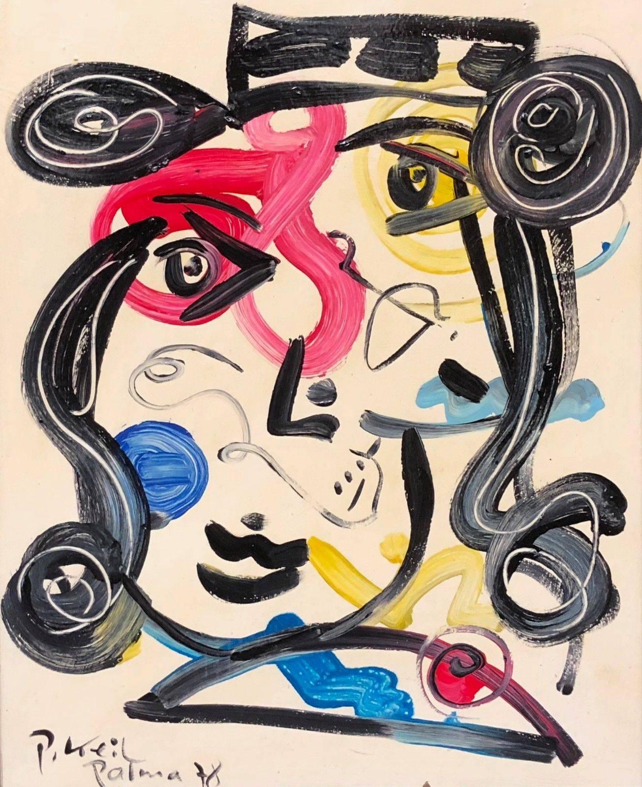 Abstract oil painting titled 'Spanish Woman', painted in 1978 by Peter Robert Keil in Palma. Signed and dated on the front and on the back. The piece is in great vintage condition and has a 