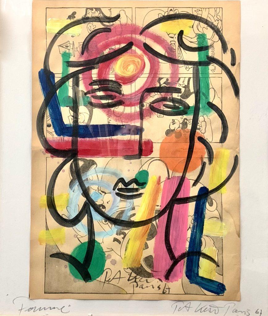 Abstract Expressionist framed acrylic on paper portrait painting, created in 1967 by Peter Robert Keil in his studio in Paris. Dated and signed by the artist on the paper and on the framing paper as well as titled, dated and signed on the backside.
