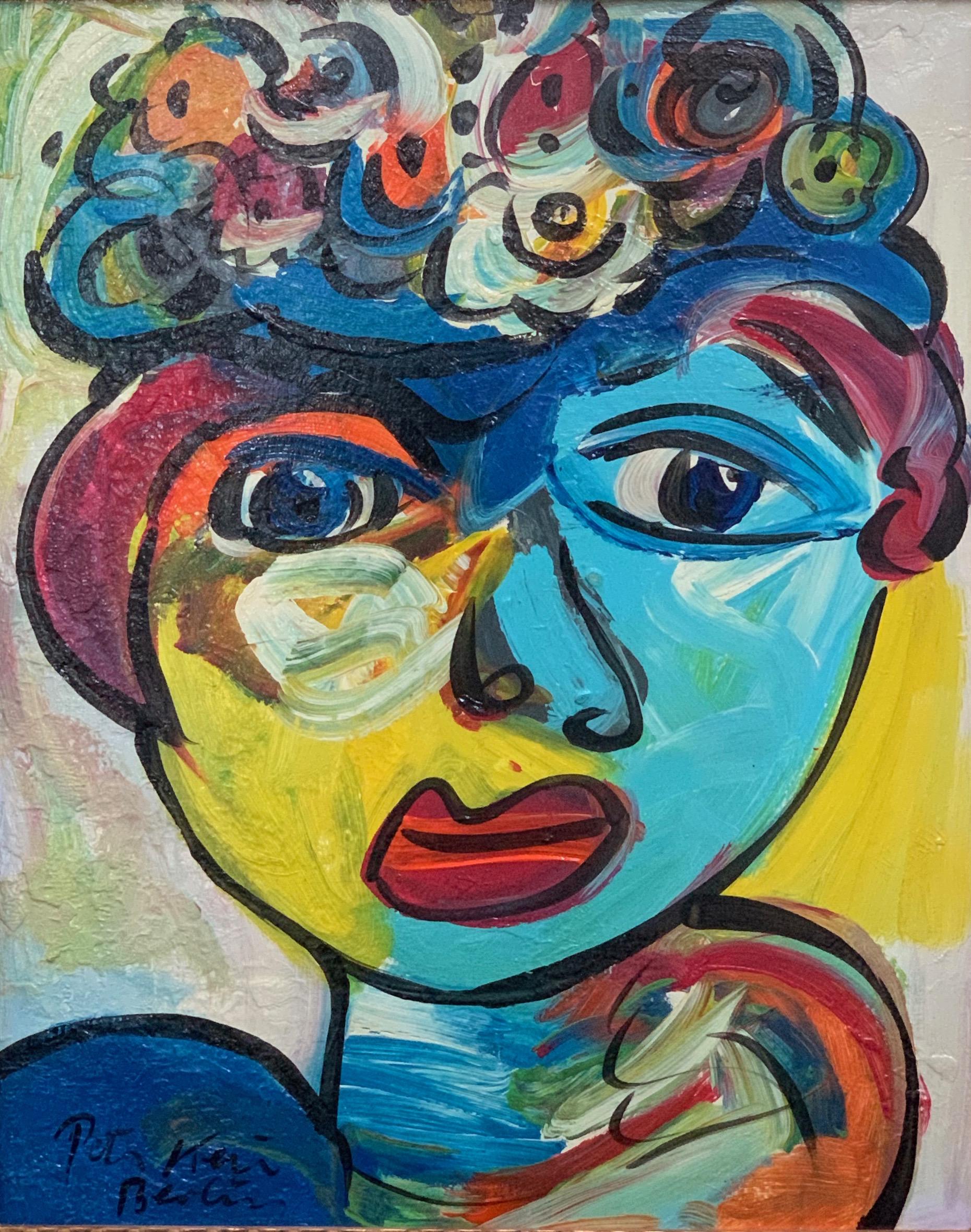Expressionist framed oil on canvas portrait painting of a woman in a colorful hat, by Peter Robert Keil, created in his studio in Berlin. Signed on the front and marked 'Berlin