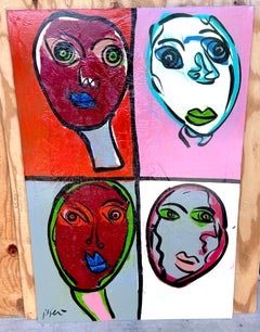 Peter Keil, Masterwork Mixed Media Textured Quadriptych (4) Portraits, C. 1980