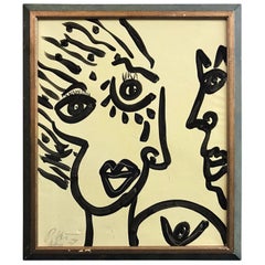 Peter Keil Mid-Century Modern 'Abstract Face' Framed Portrait Oil Painting