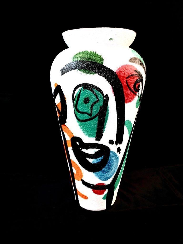 Modern abstract expressionist painted ceramic vase with faces, created in the 1980s by Peter Robert Keil in his studio in Palma. Signed and dated illegibly by the artist near the base. From the artist's personal collection. The piece is in great