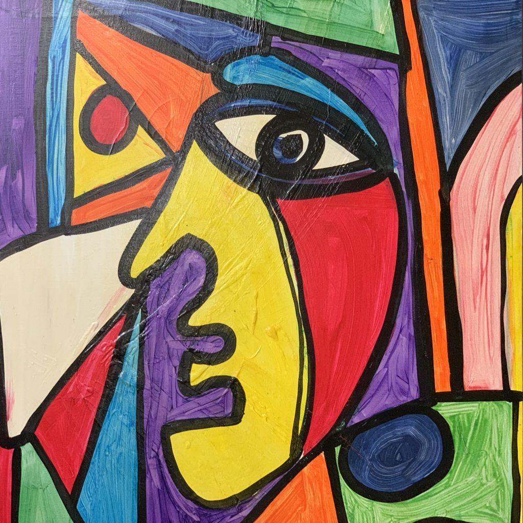 Tableau de portrait expressionniste abstrait encadré, huile sur carton, dans le style d'un vitrail multicolore, créé en 1975 par Peter Robert Keil dans son atelier de Palma. Daté et signé par l'artiste dans le coin inférieur gauche. De la collection