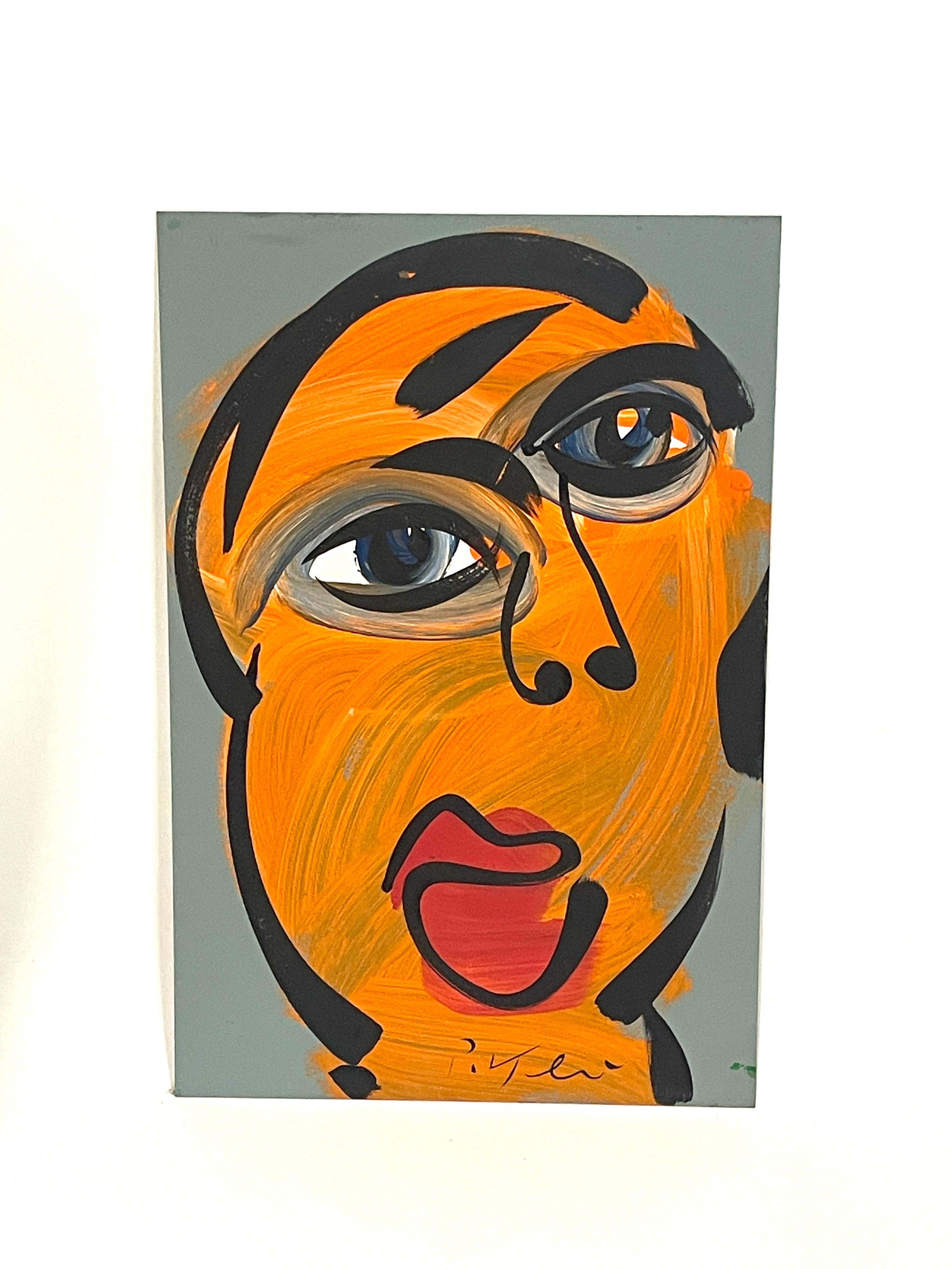 This modern abstract painting by Peter Keil is on a smooth masonite board with a painted grey background, black abstract portrait with many colors. Here you certainly see the Picasso inspiration that Keil is often known for.  Attractive design piece
