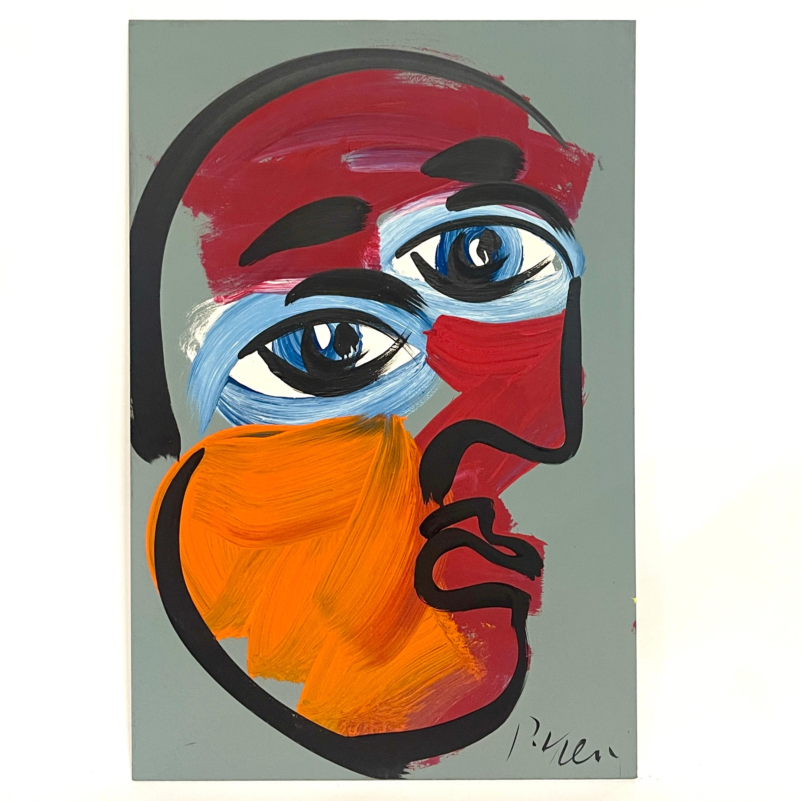 Dieses moderne abstrakte Gemälde von Peter Keil ist auf einer glatten Masonitplatte mit grauem Hintergrund gemalt, schwarzes abstraktes Portrait mit vielen Farben. Hier sehen Sie sicherlich die Picasso-Inspiration, für die Keil oft bekannt ist. 