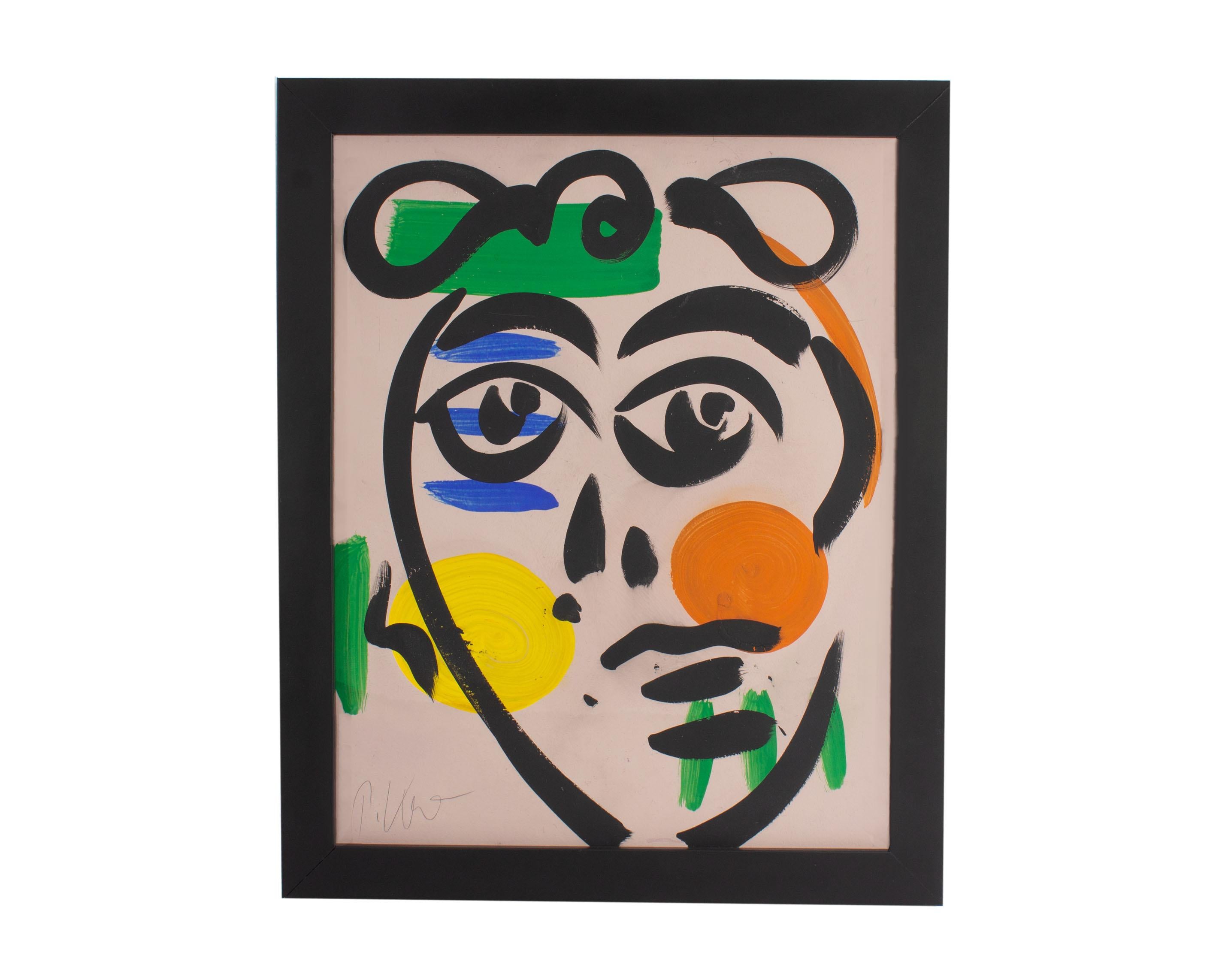 An abstract portrait tempera painting signed by German artist Peter Keil (born 1942). Signed to the lower left corner, this composition depicts an abstract portrait composed of broad black brushstrokes upon a white ground. Orange, yellow, green, and