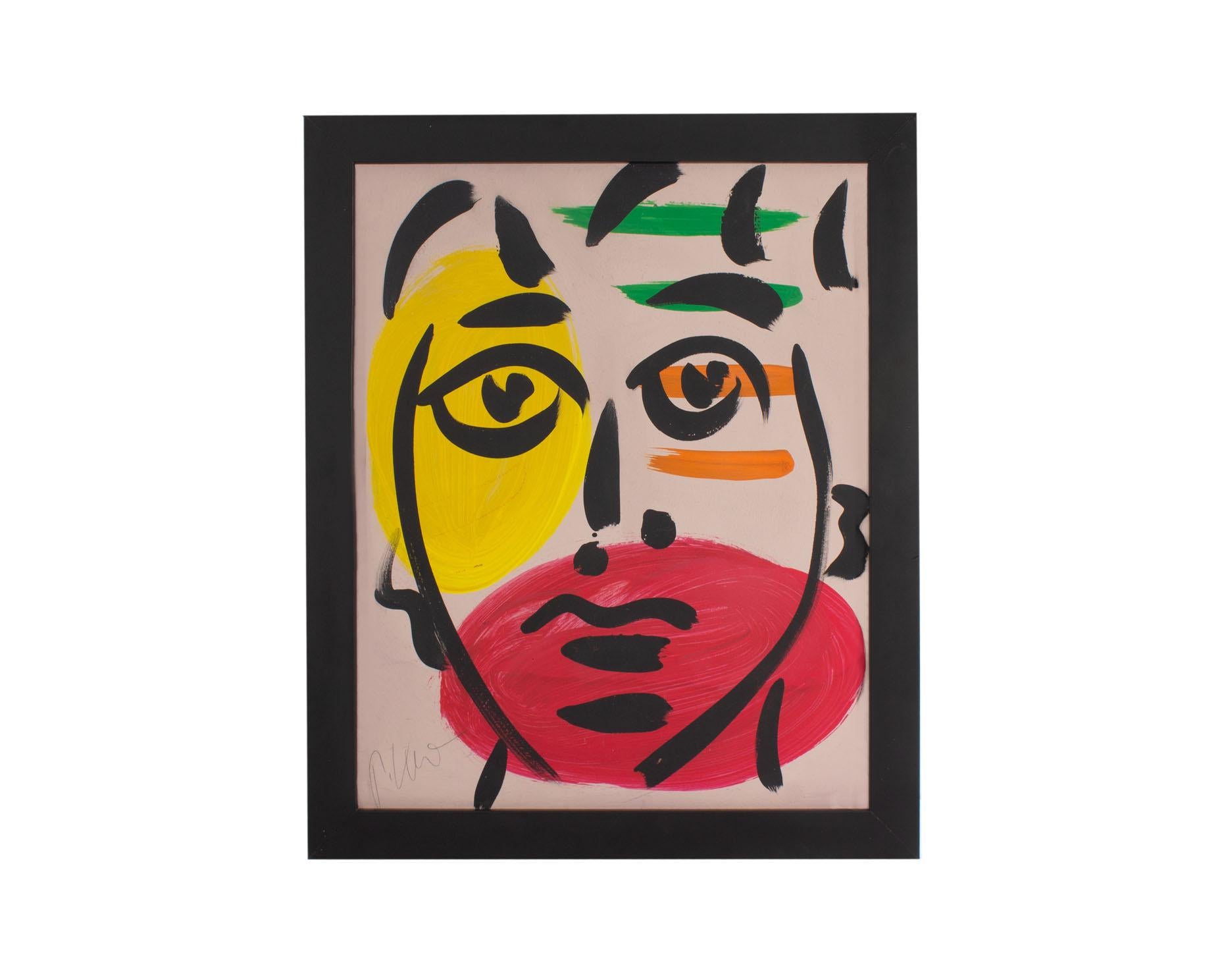 An abstract portrait tempera painting signed by German artist Peter Keil (born 1942). Signed to the lower left corner, this composition depicts an abstract portrait composed of broad colorful brushstrokes upon a light gray ground. The painting is