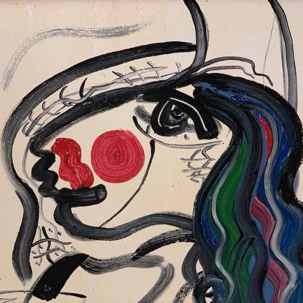 Abstract expressionist portrait oil on board painting titled 'The Horse', created in 1975 by Peter Robert Keil in his studio in Berlin. Dated and signed by the artist in the lower center as well as titled, dated and signed on the backside. From the