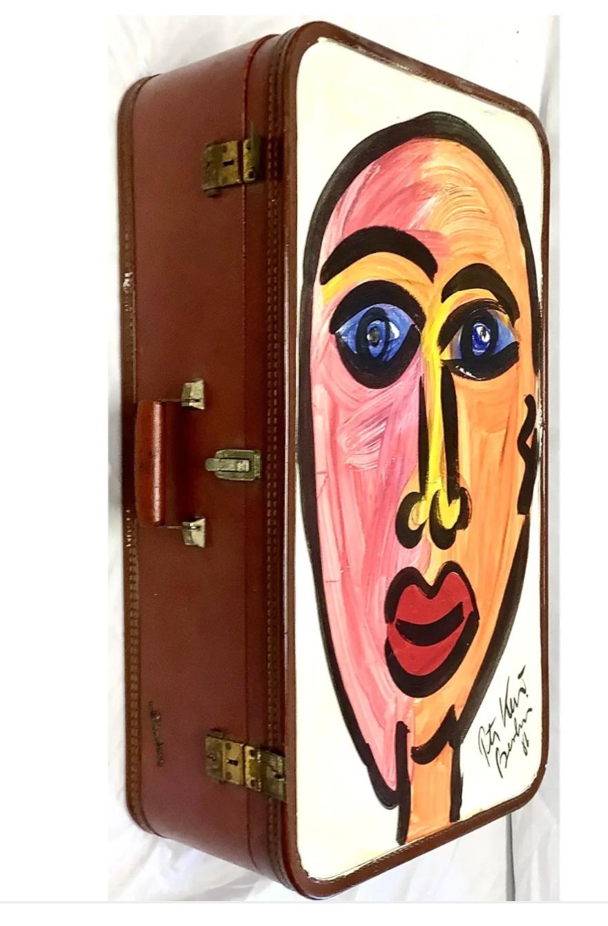 Peter Keil, Neo-expressionist, original painting on a travel suitcase. Signed and dated 1986 Berlin on bottom. Very good condition with mild storage wear.