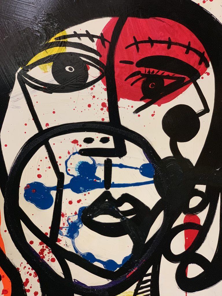 Abstract expressionist portrait oil on board painting titled 'Zeitgeist', created in 1983 by Peter Robert Keil in his studio in Berlin. Dated and signed by the artist in the lower right corner as well as titled, dated and signed on the backside.
