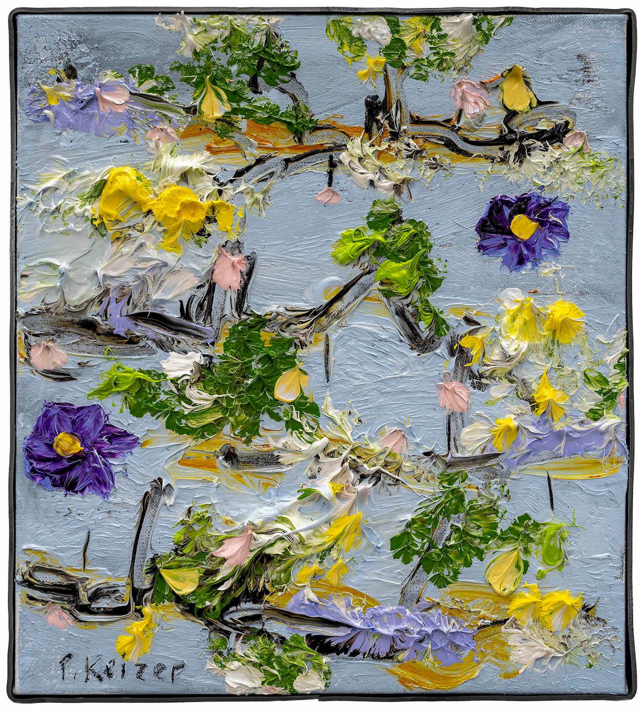 À la fois magnifique et absurde, l'œuvre de Peter Keizer évoque un monde où seuls les sentiments positifs surgissent : plein de fleurs, d'arbres, de paysages montagneux..  et les chiens. Ses thèmes sont étroitement liés aux souvenirs d'enfance ;