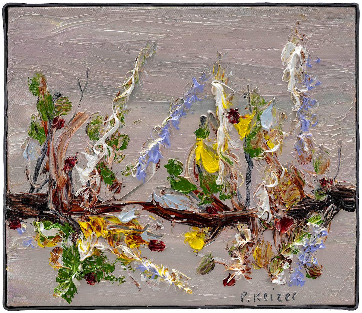 À la fois magnifique et absurde, l'œuvre de Peter Keizer évoque un monde où seuls les sentiments positifs surgissent : plein de fleurs, d'arbres, de paysages montagneux..  et les chiens. Ses thèmes sont étroitement liés aux souvenirs d'enfance ;