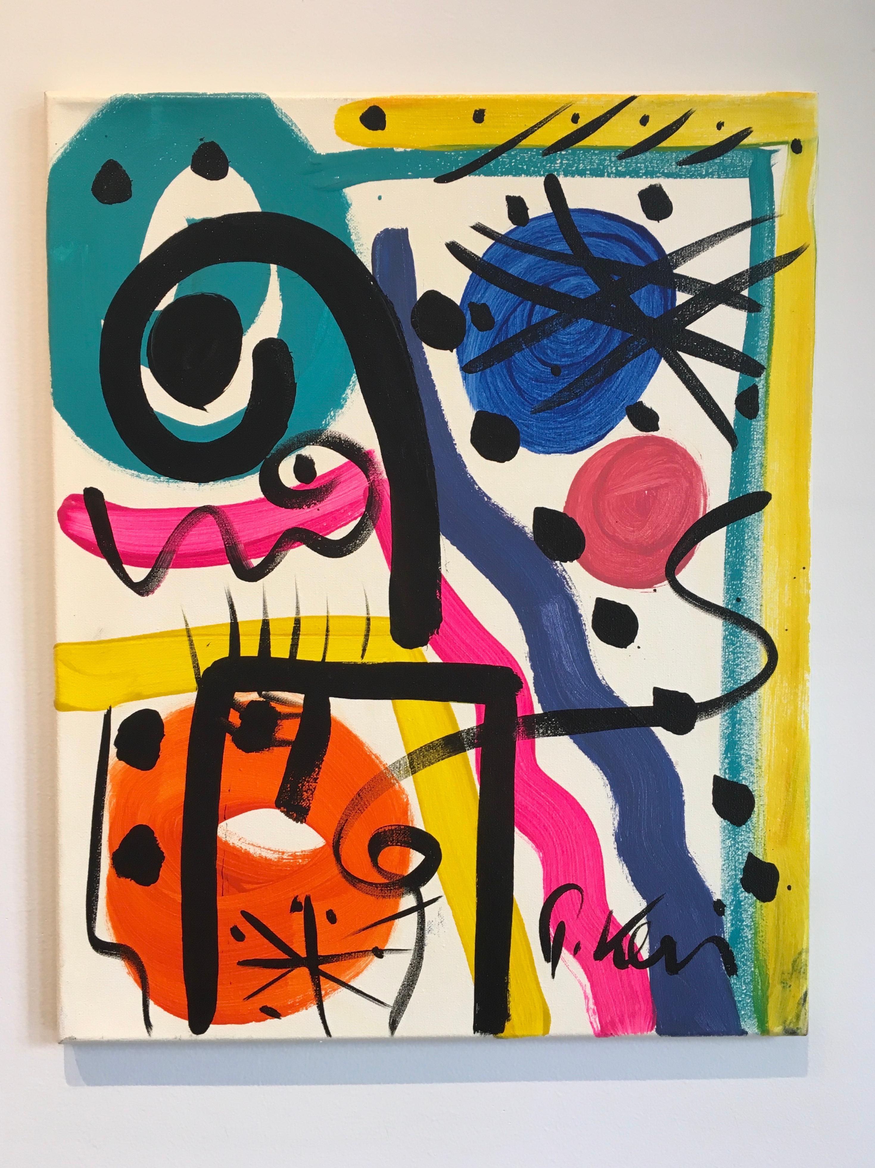 "Untitled Abstraction" by German artist, Peter Kiel, is an Acrylic on Canvas painting using bright, clear colors including pink, orange, blue, purple and turquoise. The vibrant use of color and the gestures of the black lines are reminiscent of