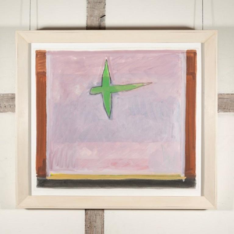 Periquito verde II, óleo sobre papel Pintura abstracta de pájaros, rosa y verde, 1977 - Painting de Peter Kinley