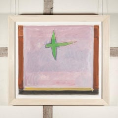 Green Parakeet II, Oil on Paper Abstract Bird Painting, Pink and Green, 1977