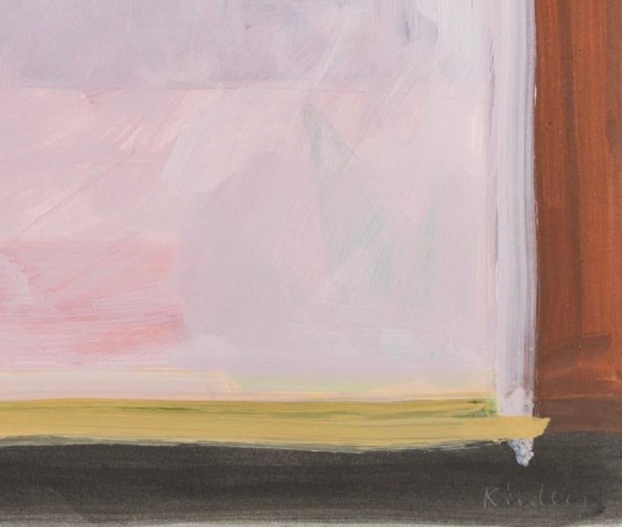 Periquito verde II, óleo sobre papel Pintura abstracta de pájaros, rosa y verde, 1977 - Animal Painting Gris de Peter Kinley
