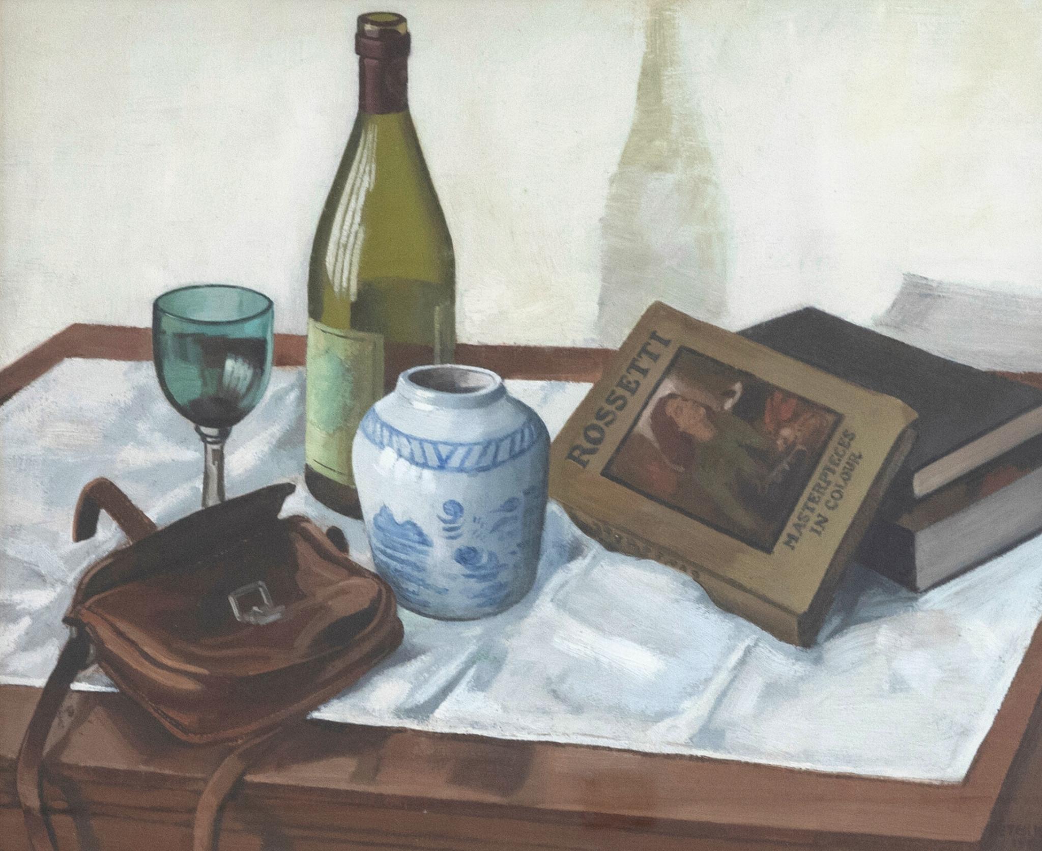A charming still life study depicting a side table with a vase, a placed satchel, a bottle of whine and an art book on Rosetti. The artist captures this delightful selection of objects using dry brushwork, creating texture within the scene. Signed