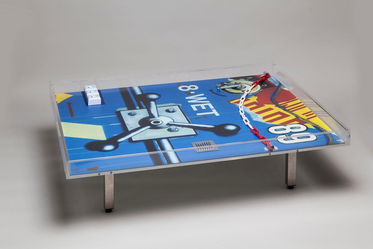 Peter Klasen, WET-Tisch, Couchtisch, Künstlerdesigner, Tisch aus Plexiglas, Blau