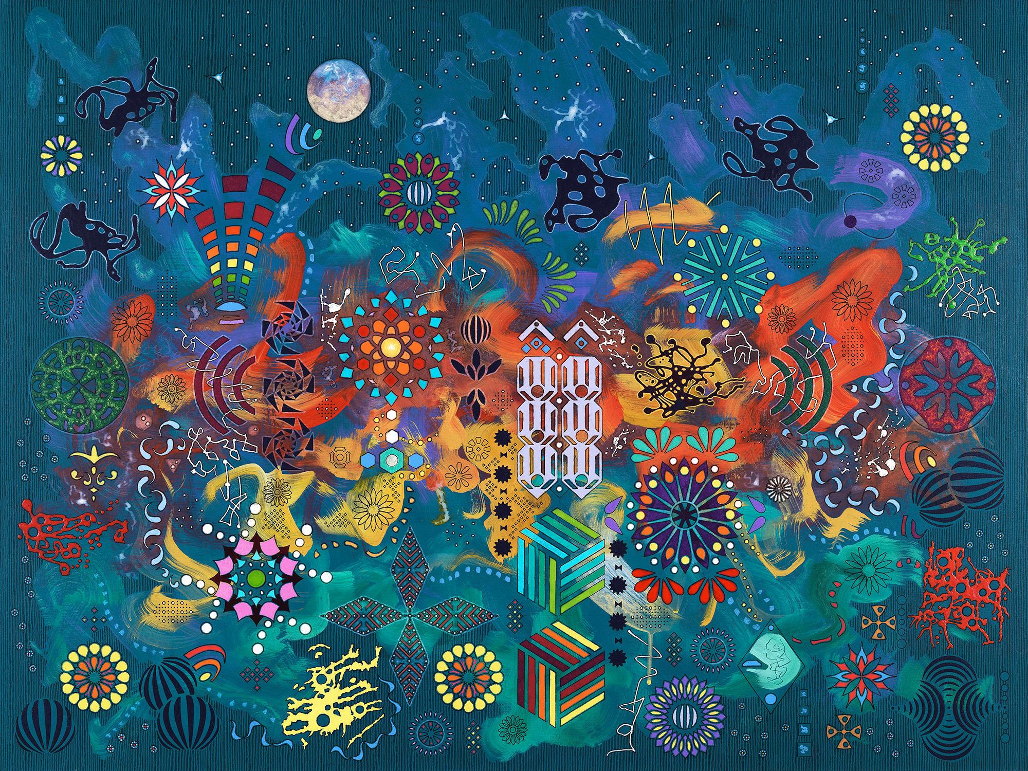 "At the Stroke of Midnight", Abstract, Blue, Red, Gold, Mixed Media Painting
