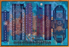 "Metropolitan Moves - Hustle and Bustle", Abstrait, Bleu, Peinture mixte