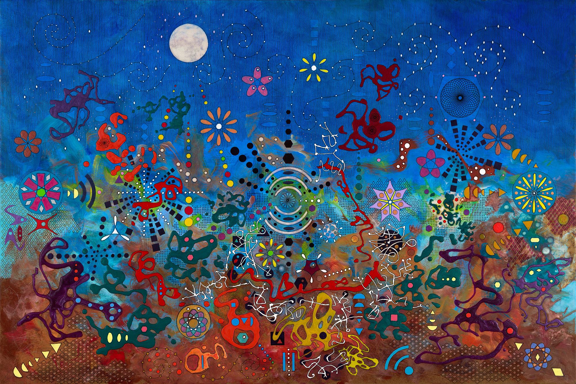 "Calm's Chaos - Twilight", Abstract, Blue, Green, Brown, Mixed Media Painting