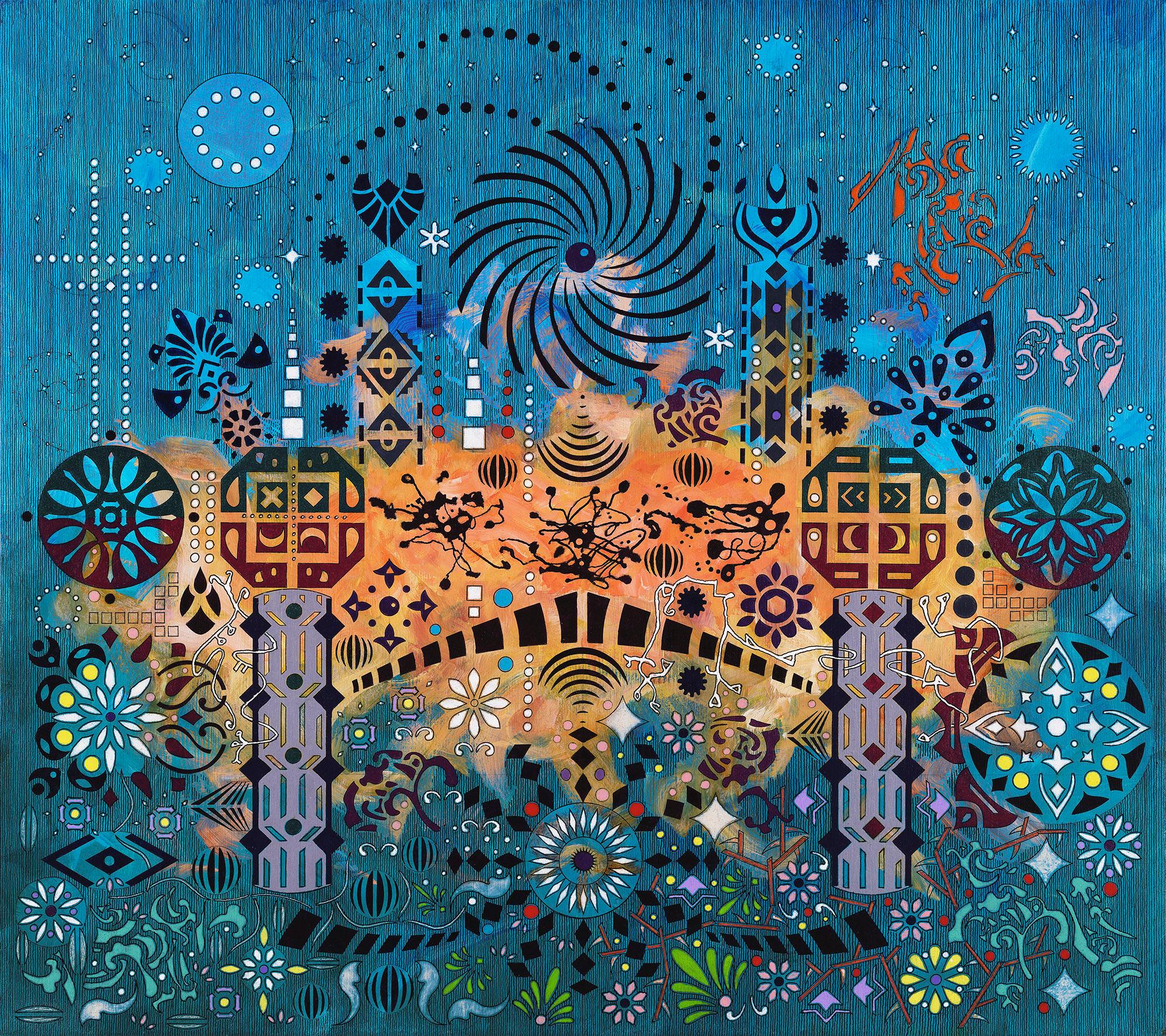 „Criss Cross“, Abstrakt, Blau, Grün, Gelb, Rot, Mischtechnik-Gemälde – Mixed Media Art von Peter Knapp
