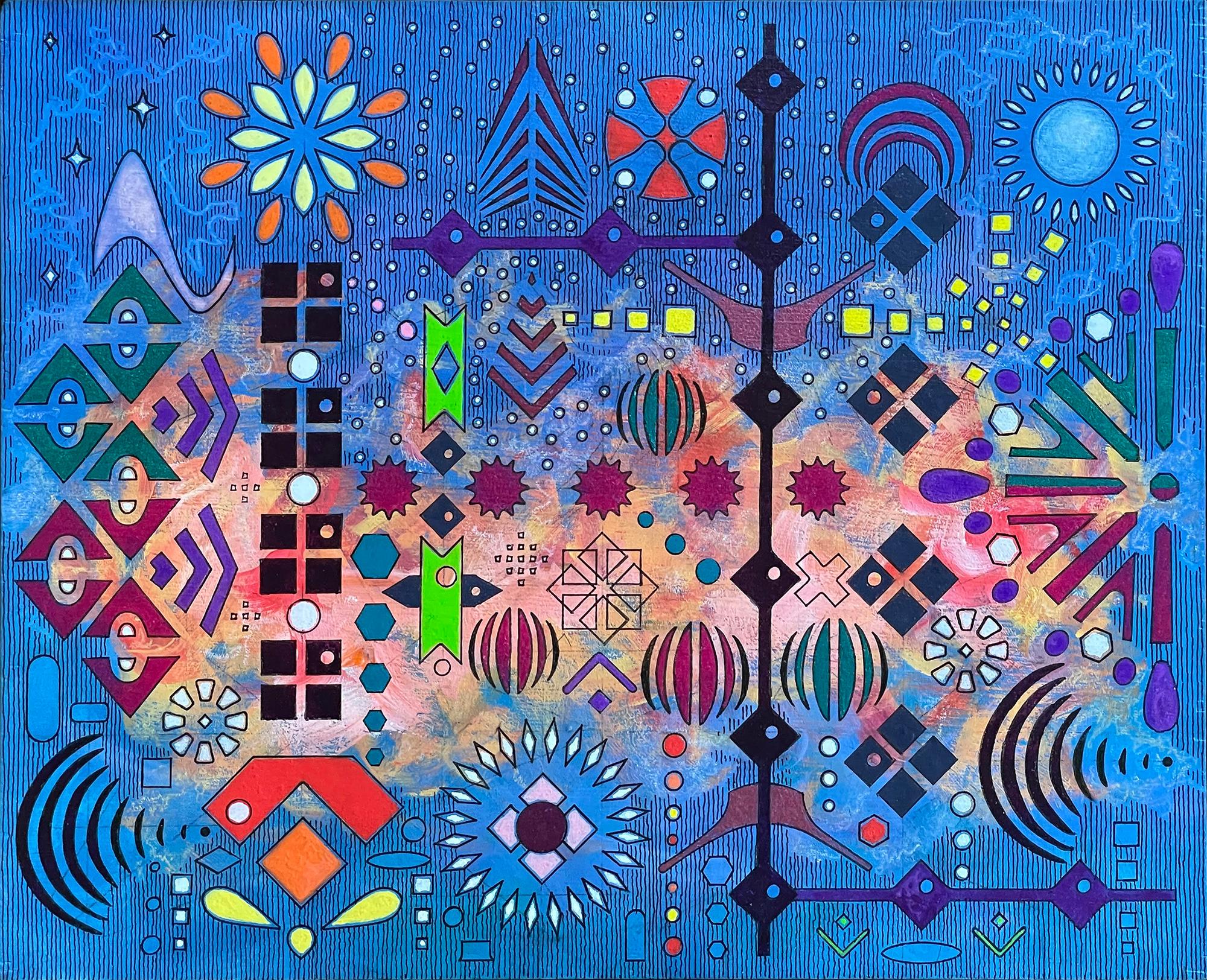"Dilly's Dally", Abstract, Blue, Gold, Red, Green, Mixed Media Painting - Mixed Media Art by Peter Knapp