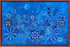 "Vento, sussurri e ammiccamenti", Pittura astratta, blu, verde, viola, tecnica mista